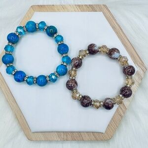 Champagne Brown Glass Bracelet and Blue earth Glass Beaded Bracelet Set